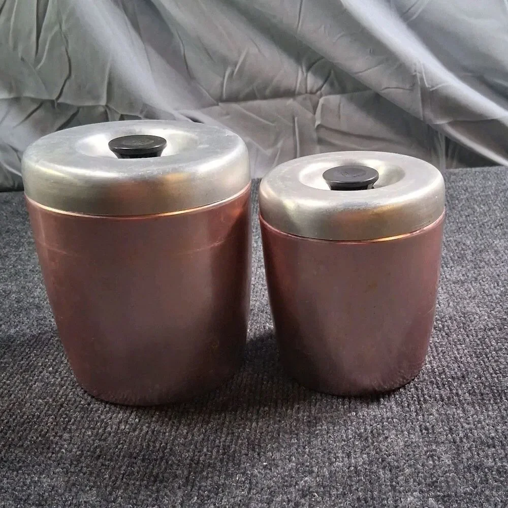 Vintage West Bend Copper Rose Gold Tea Coffee Kitchen Canisters w Silver Lid